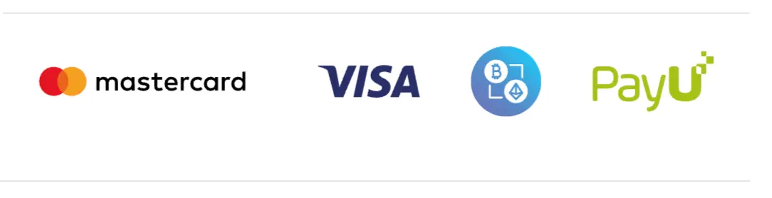 Platební metody — Mastercard, Visa, krypto, PayU. Loga platebních metod: Mastercard, Visa, kryptoměnové platby a PayU.